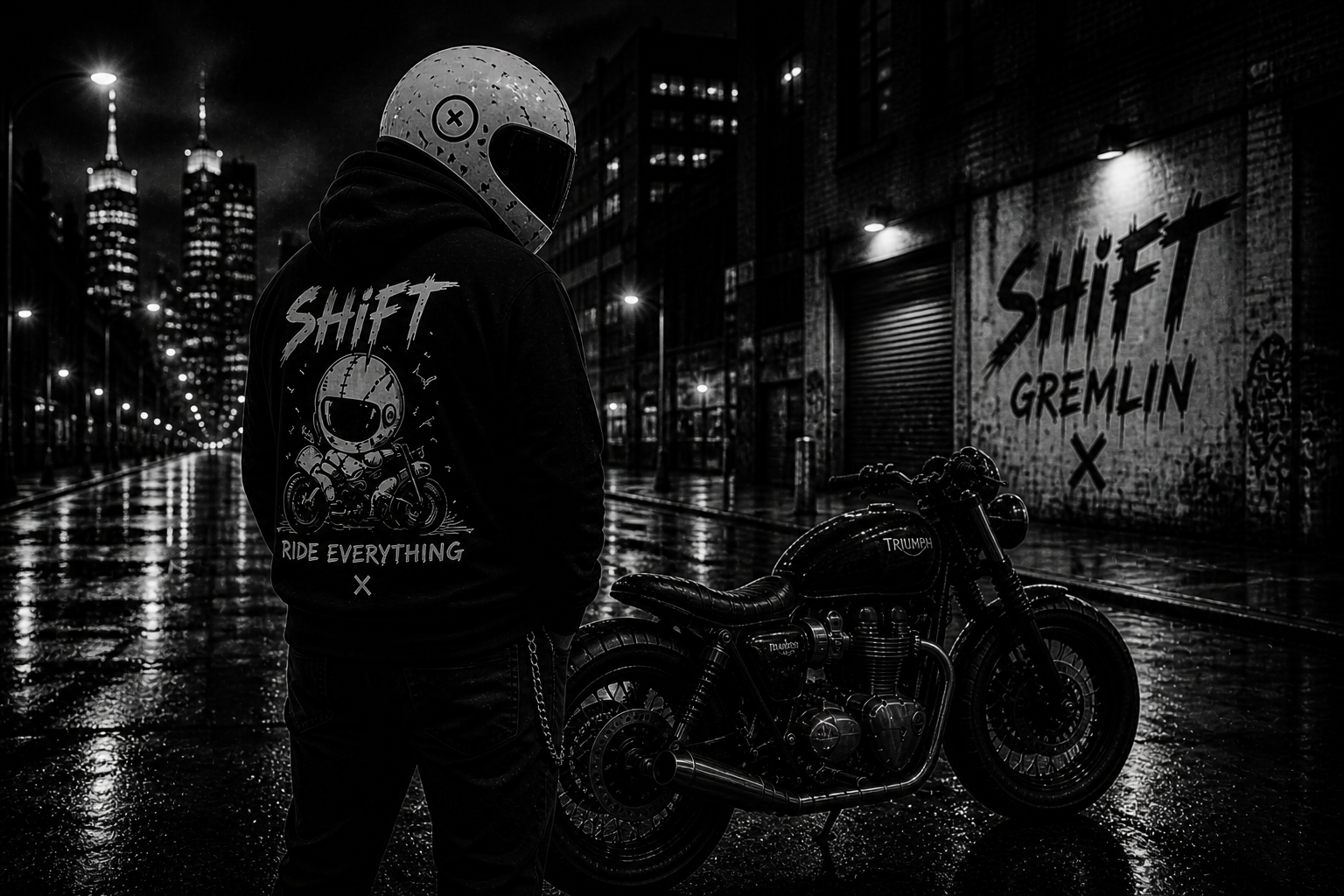 Shift Gremlin rider beside motorcycle