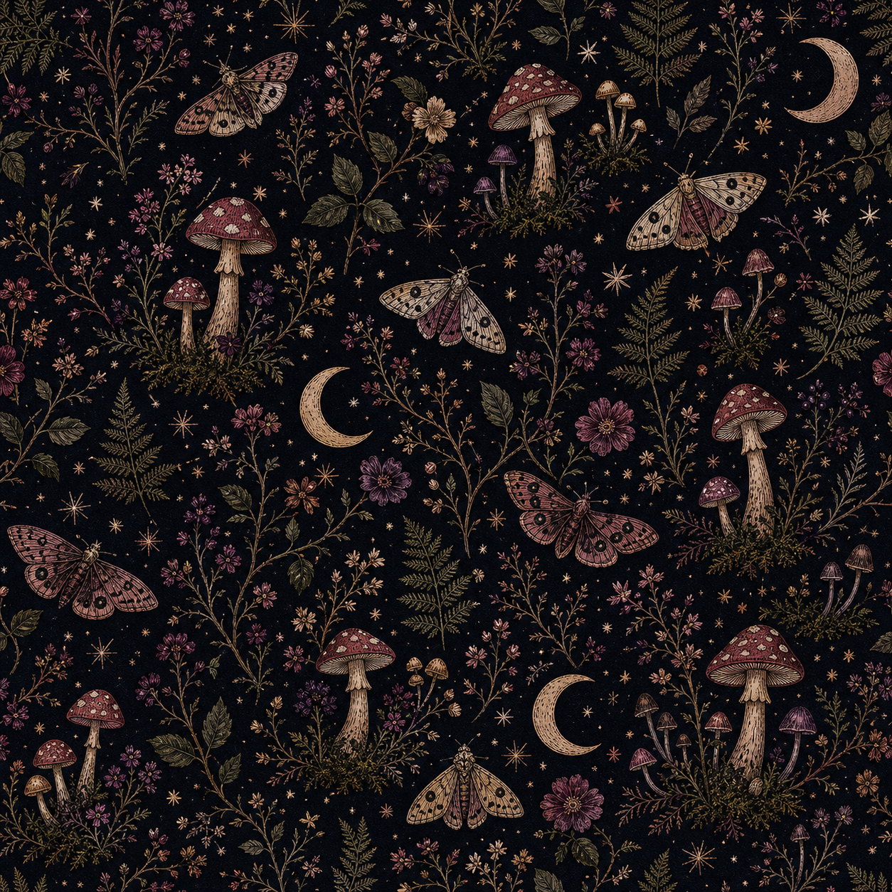 Midnight Mushroom Meadow all-over pattern